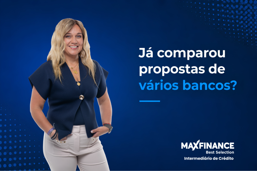 Imagem promocional da MaxFinance Best Selection com consultora em destaque e a mensagem “Já comparou propostas de vários bancos?”.