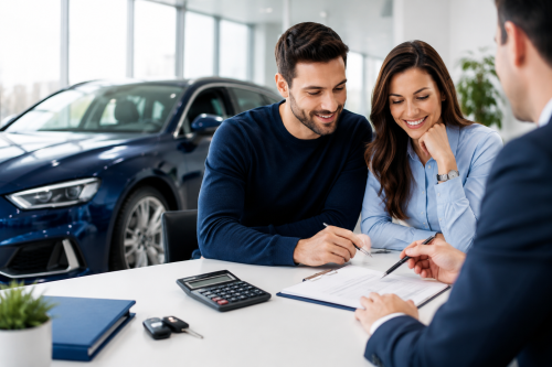 Casal a analisar documentos de financiamento automóvel com um consultor, numa reunião com viatura, calculadora e chave do carro.