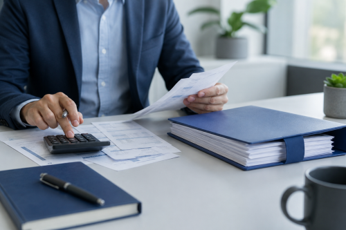 Pessoa a analisar despesas e documentos financeiros com calculadora, representando a consolidação de vários créditos numa só prestação.